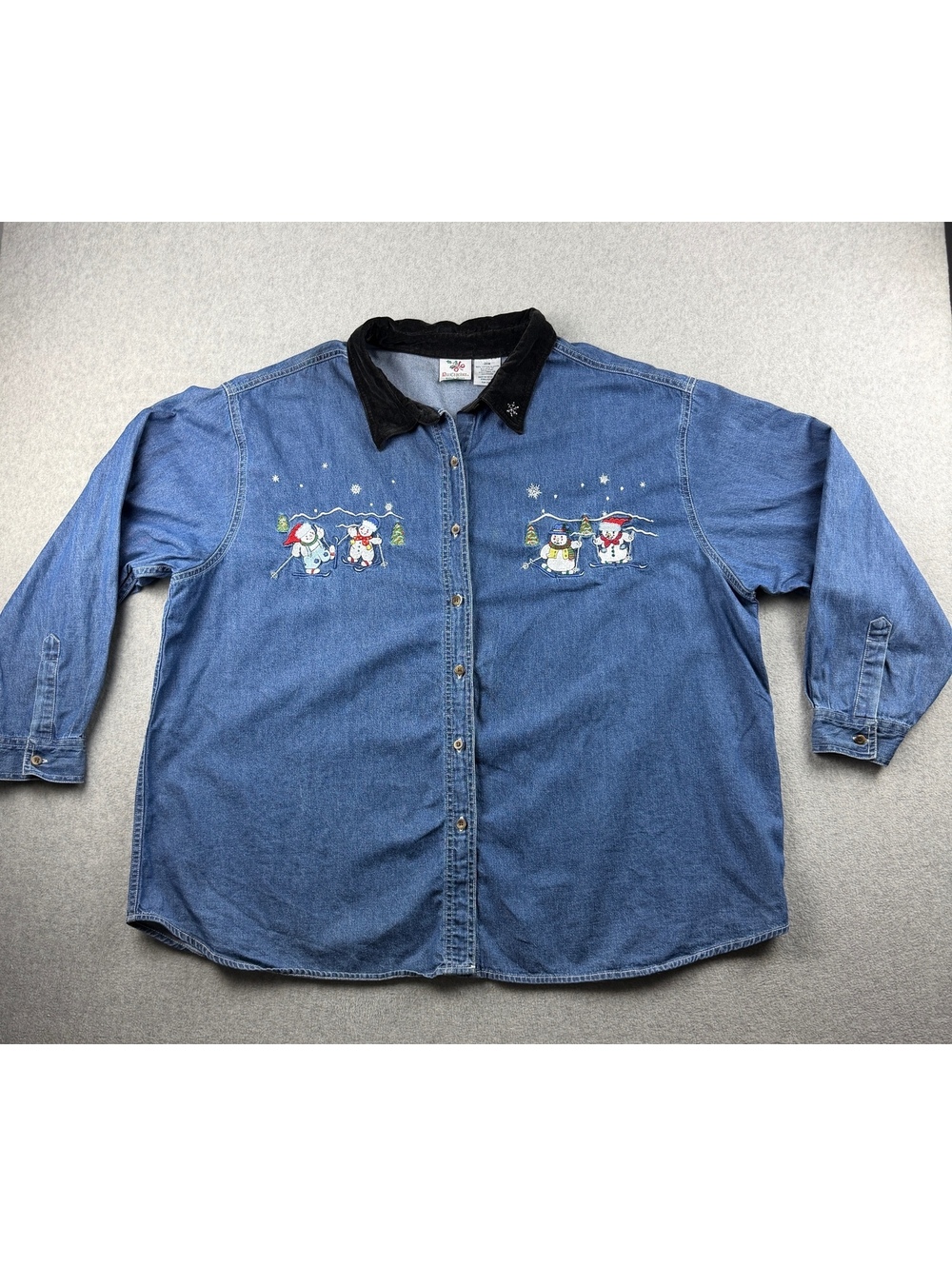 Vintage NutCracker 26W Denim Christmas Shirt Embroidered Snowman Velvet Collar